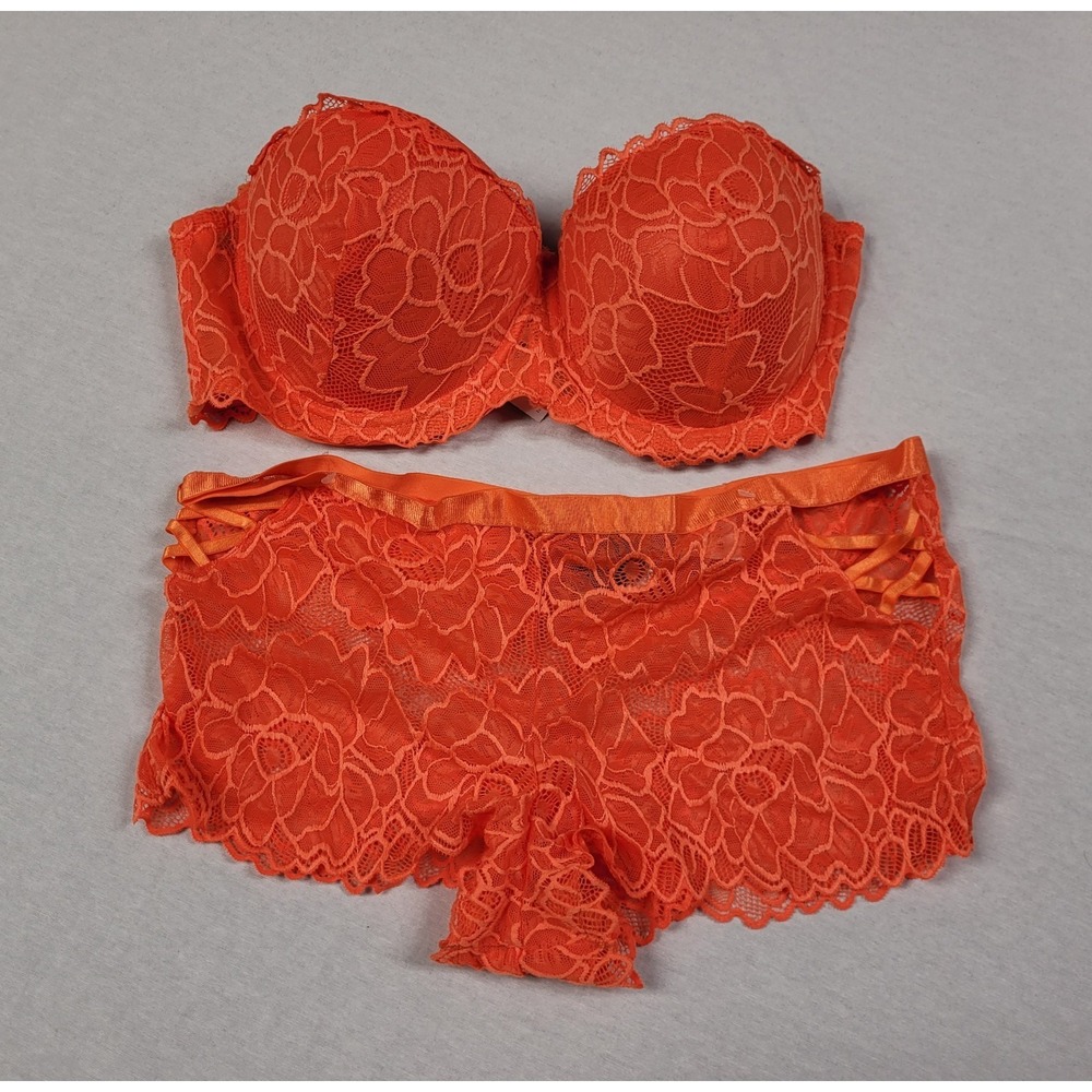 Kiss & Tell Intimates Orange Floral Lace Bra (Size 38D) & Panty (Size 1X)Set NWT